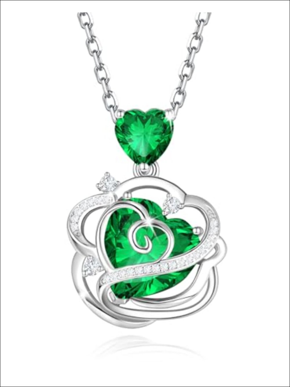 Sterling Silver Heart Pendant Necklace with Emerald Birthstone 5A CZ